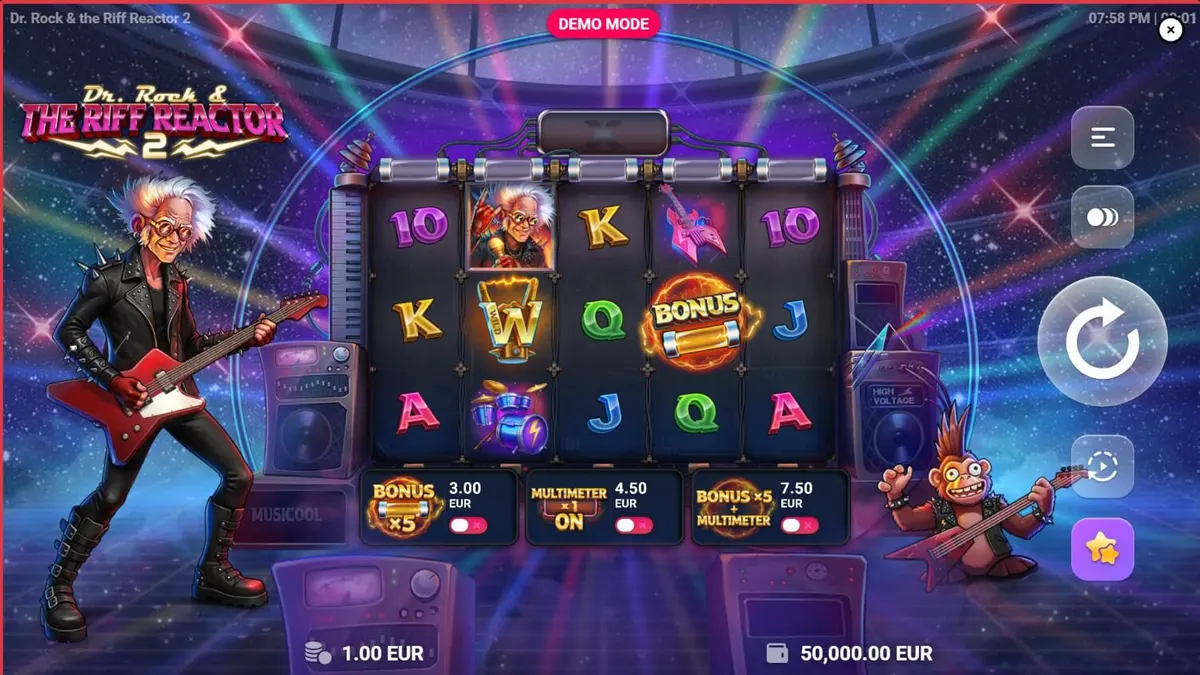 Dr. Rock & the Riff Reactor 2 slot game screen featuring neon concert visuals and characters