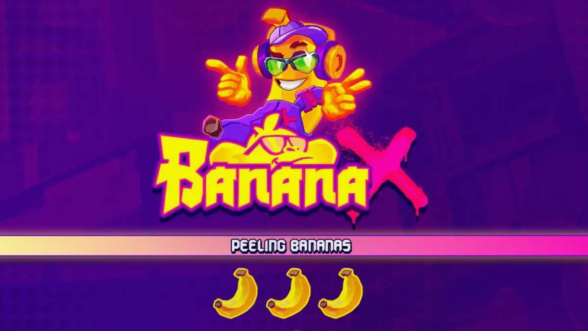 Tampilan visual neon yang penuh warna dari slot Banana X dengan elemen influencer digital.