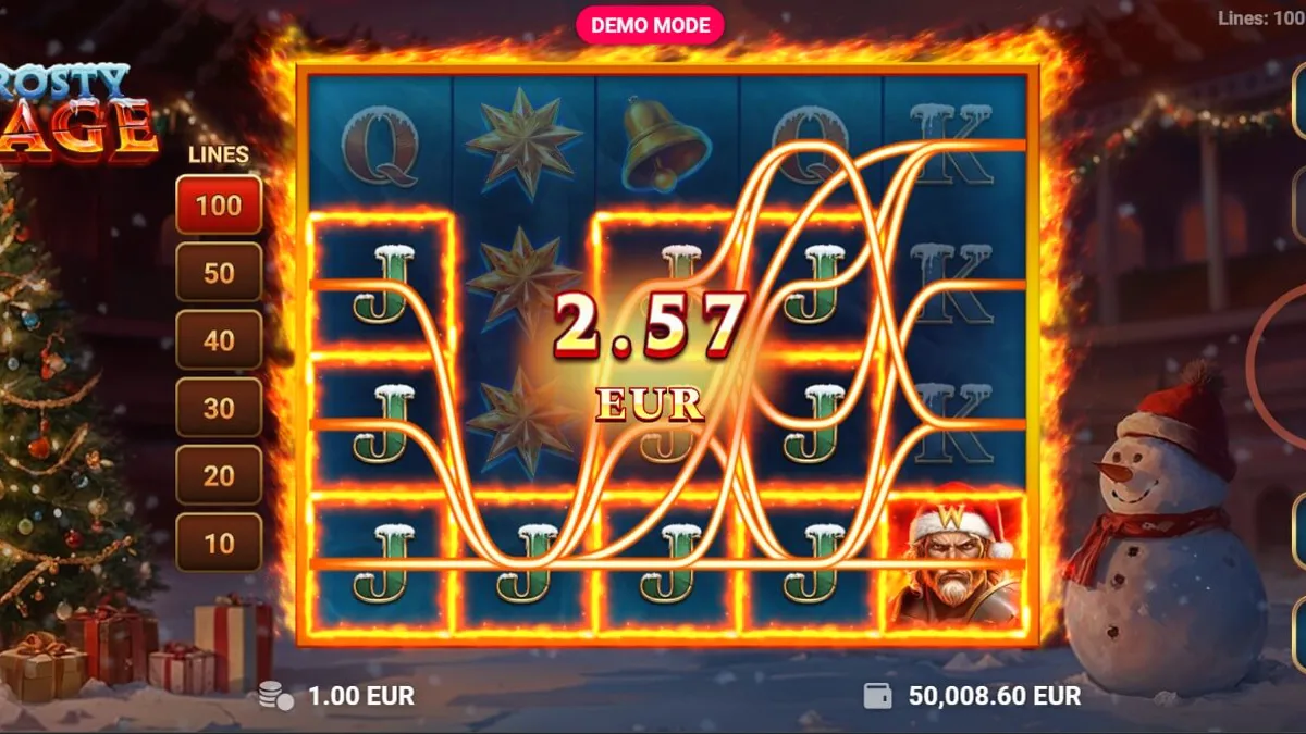 Tampilan visual slot Frosty Rage dengan tema gladiator Natal yang meriah