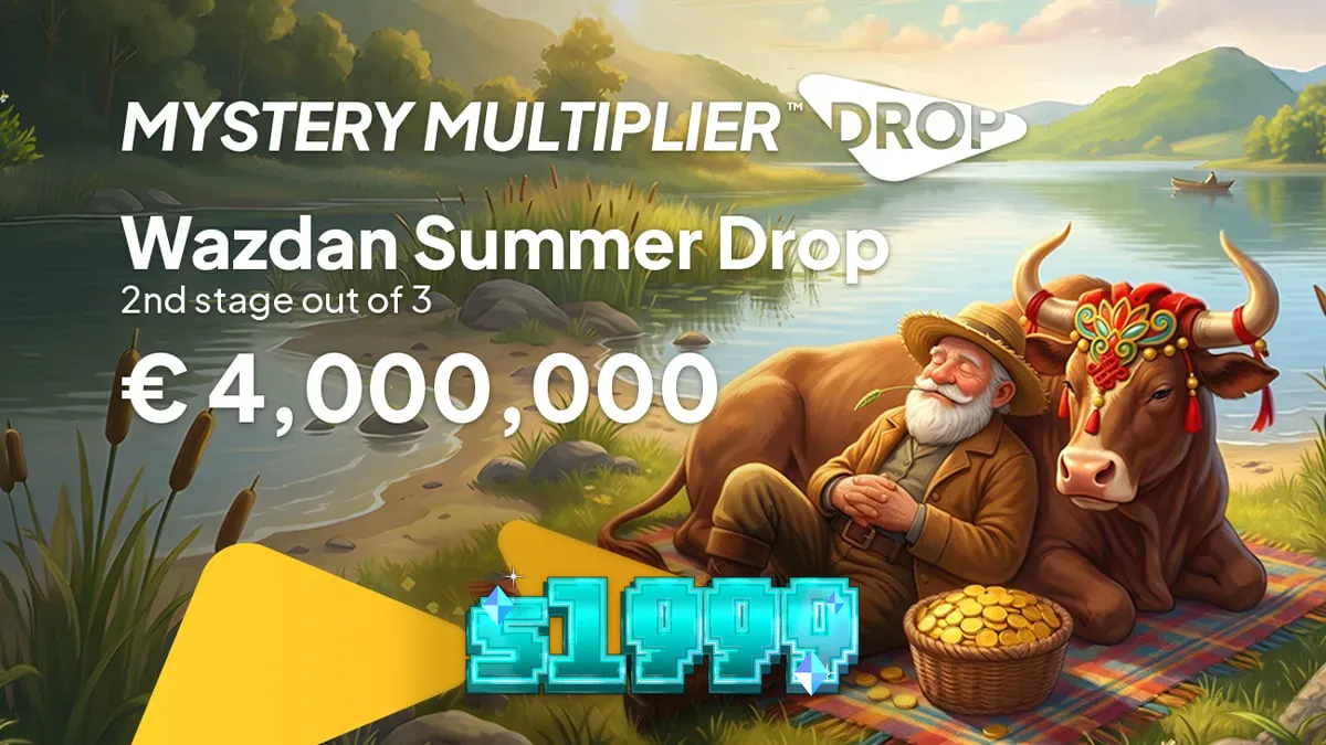 Tampilan visual dinamis dari fitur Mystery Multiplier Drop dalam promosi Summer Drop Wazdan.